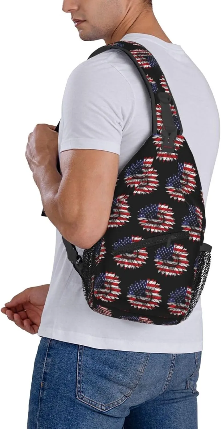 Sunflower American Flag Patriotic Crossbody Sling Bag Chest Bags Casual Shoulder Backpack Sport Fanny Pack Gym Diagonally Daypack with Adjustable Strap for Running