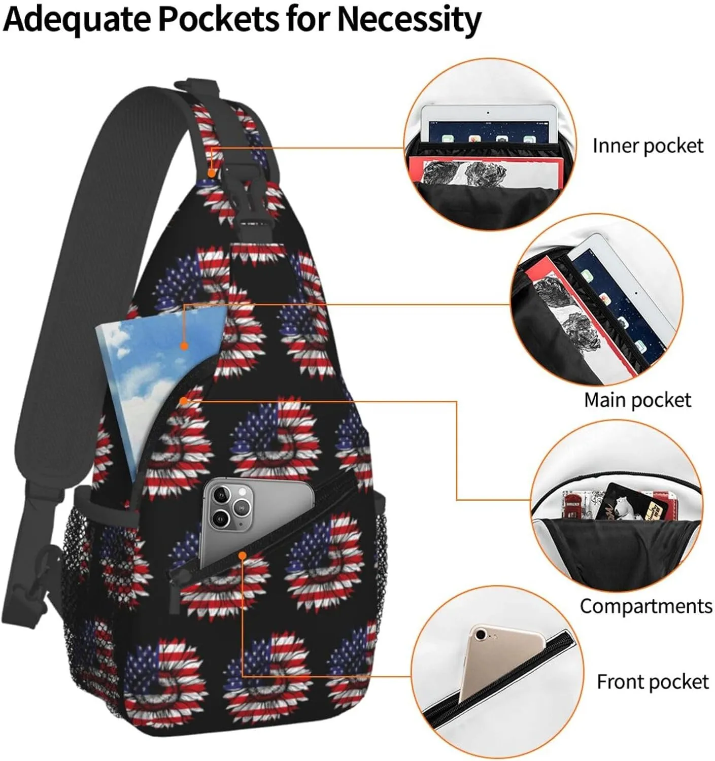Sunflower American Flag Patriotic Crossbody Sling Bag Chest Bags Casual Shoulder Backpack Sport Fanny Pack Gym Diagonally Daypack with Adjustable Strap for Running