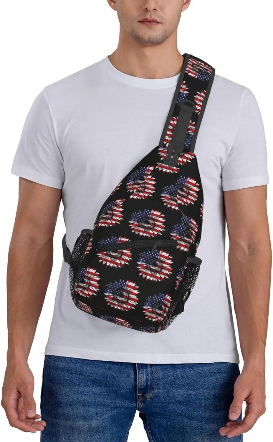 Sunflower American Flag Patriotic Crossbody Sling Bag Chest Bags Casual Shoulder Backpack Sport Fanny Pack Gym Diagonally Daypack with Adjustable Strap for Running
