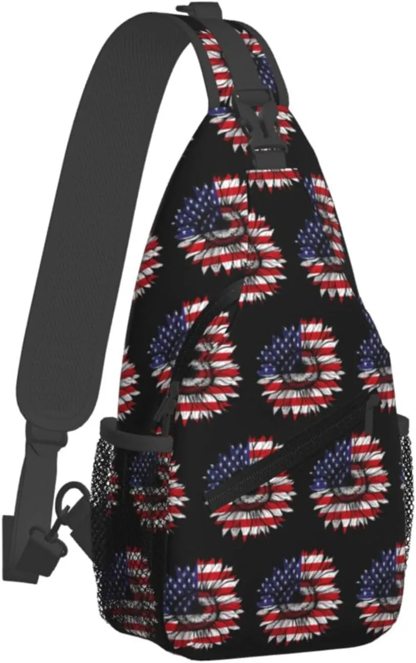 Sunflower American Flag Patriotic Crossbody Sling Bag Chest Bags Casual Shoulder Backpack Sport Fanny Pack Gym Diagonally Daypack with Adjustable Strap for Running