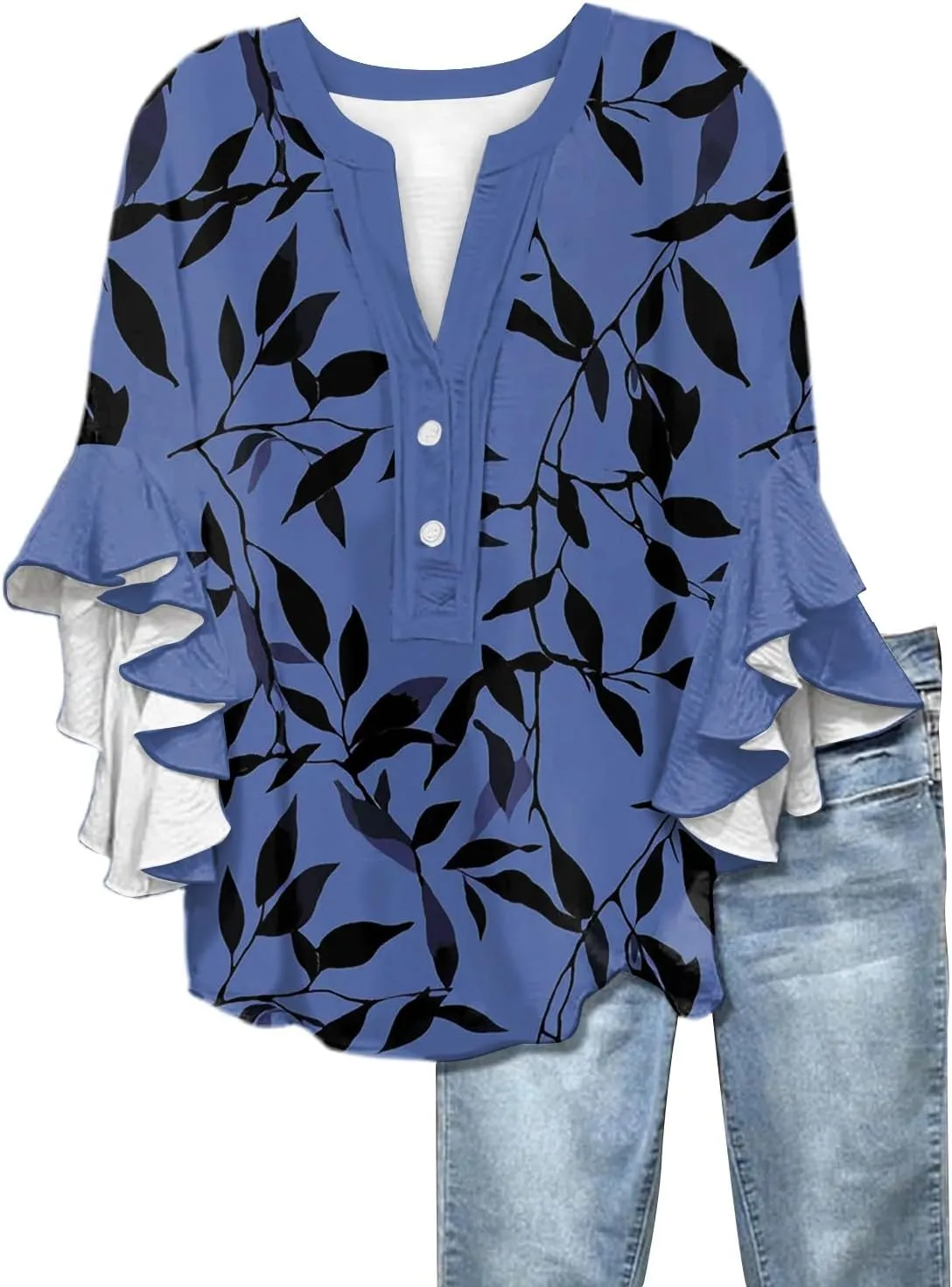 Surf Stylish 3/4 Sleeve Blouse Women Oversize Summer Loose Comfortable Tee Shirts Woman V Neck Print Tee