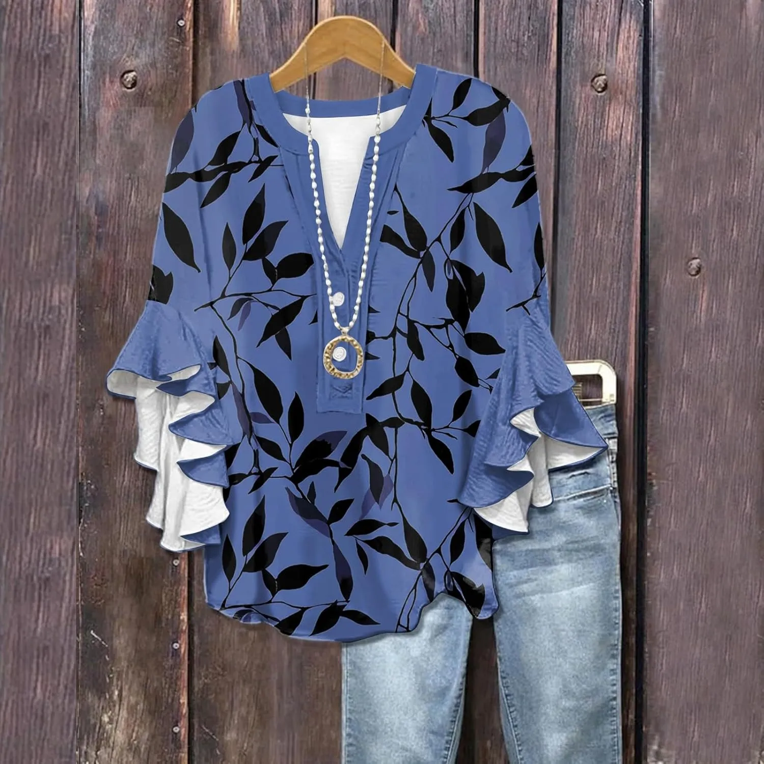 Surf Stylish 3/4 Sleeve Blouse Women Oversize Summer Loose Comfortable Tee Shirts Woman V Neck Print Tee