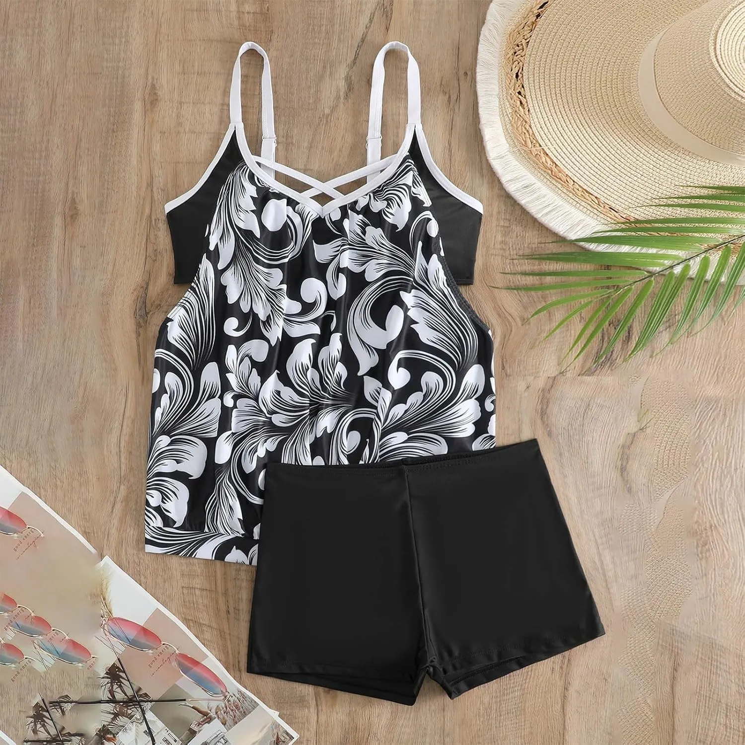 Swim Suits for Women 2025 Tropical Floral Printed Women's Tankini Swimsuits Drawstring On Both Sides Bathing Suits
