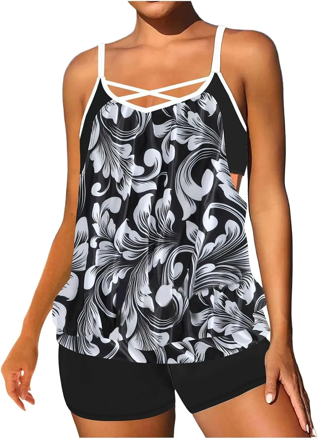Swim Suits for Women 2025 Tropical Floral Printed Women's Tankini Swimsuits Drawstring On Both Sides Bathing Suits