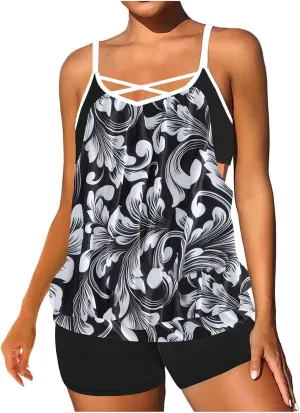 Swim Suits for Women 2025 Tropical Floral Printed Women's Tankini Swimsuits Drawstring On Both Sides Bathing Suits
