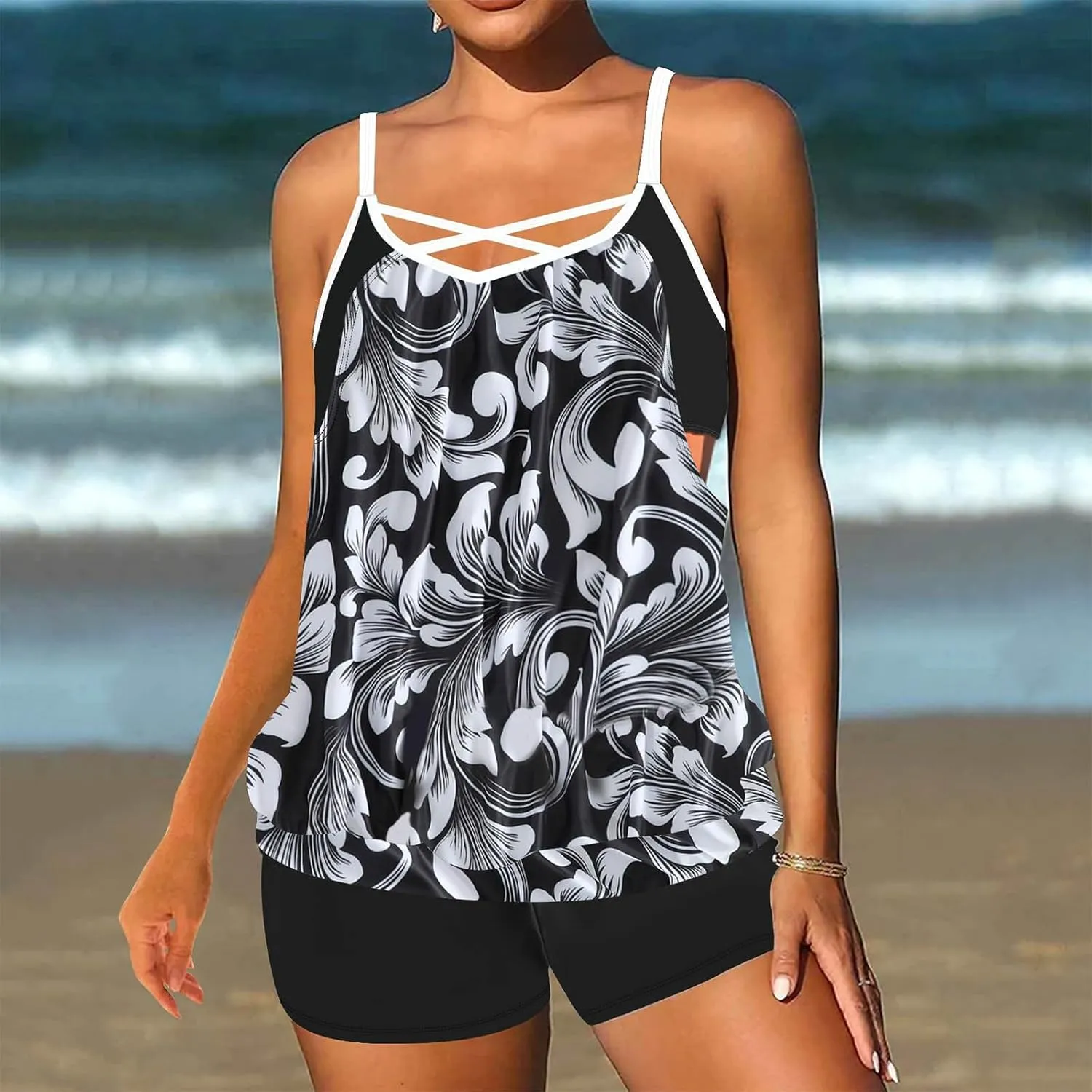 Swim Suits for Women 2025 Tropical Floral Printed Women's Tankini Swimsuits Drawstring On Both Sides Bathing Suits