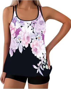 Swim Suits for Women Vintage Printed Two Piece Tankini Bathing Suit Plus Size Swimsuits Tank Top with Boyshorts