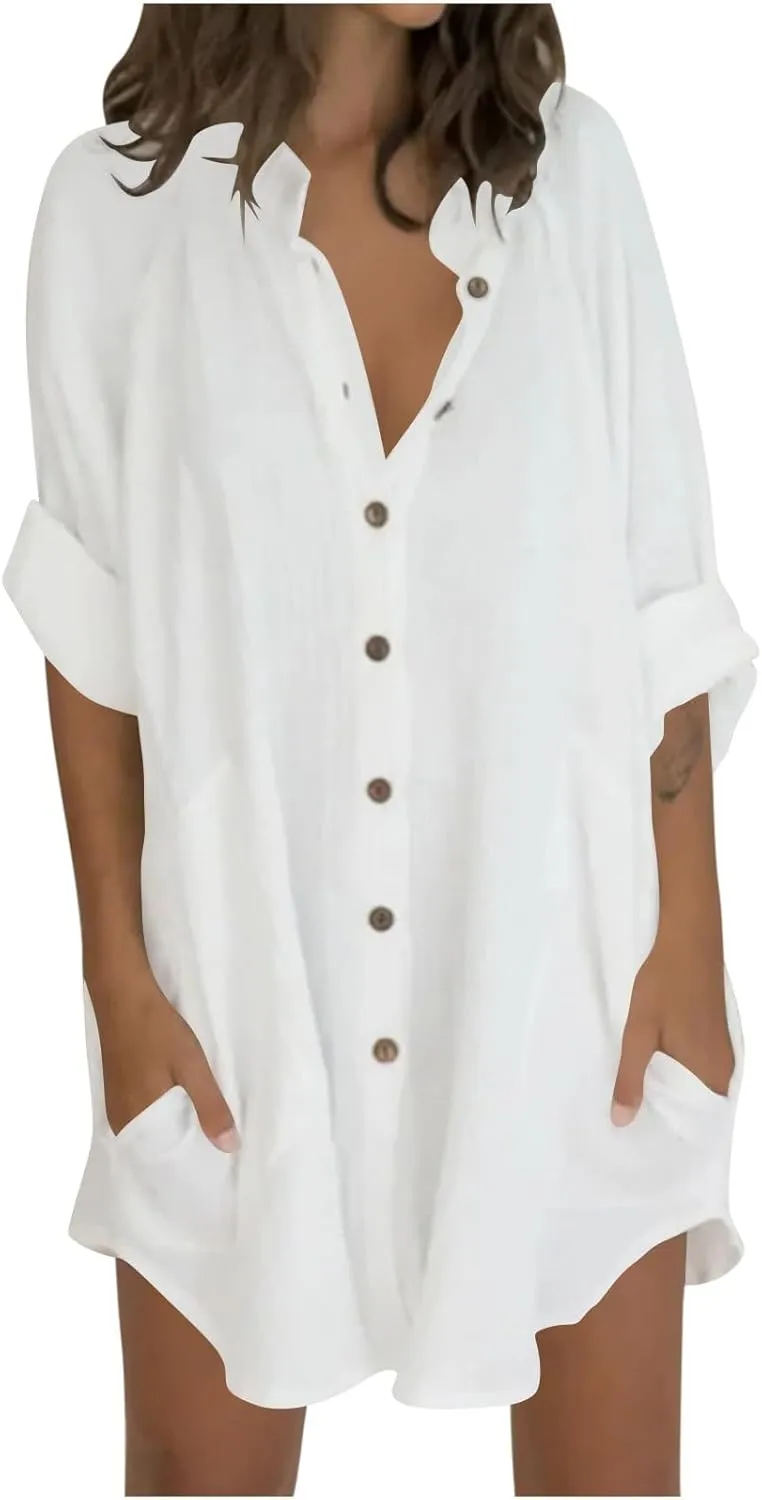 TANGNADE Womens Cotten Linen Blouse Summer Casual 3/4 Sleeve Shirts Loose Fit Oversized Tshirts Tunic Tops with Pockets