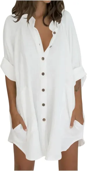 TANGNADE Womens Cotten Linen Blouse Summer Casual 3/4 Sleeve Shirts Loose Fit Oversized Tshirts Tunic Tops with Pockets