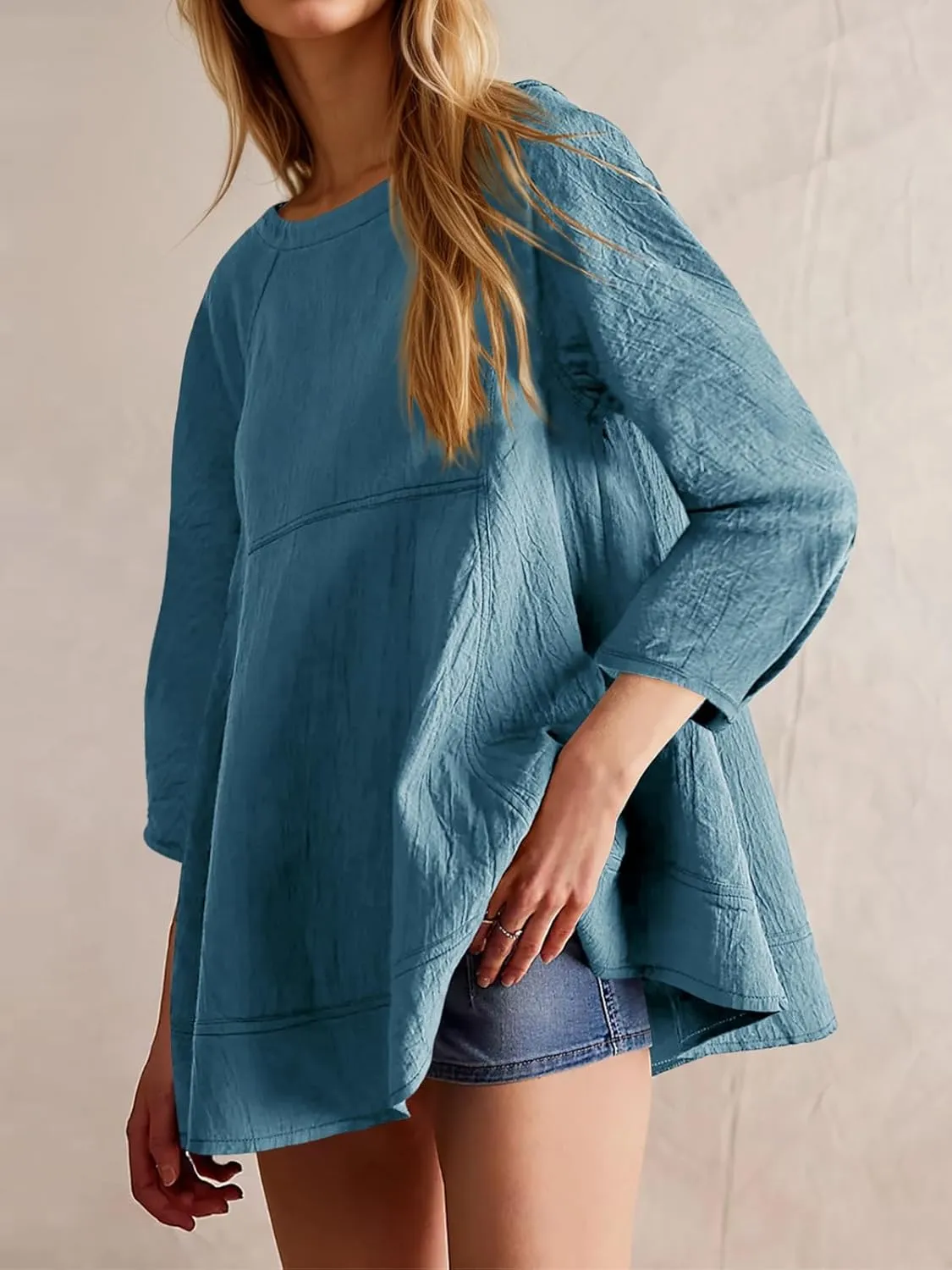Tankaneo Womens 3/4 Sleeve Tunic Tops Casual Summer Peplum Flowy Oversized Babydoll Blouse Shirts