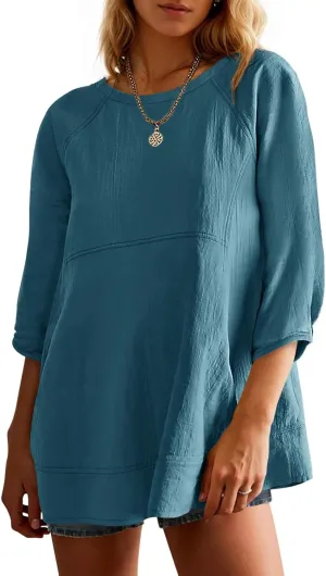 Tankaneo Womens 3/4 Sleeve Tunic Tops Casual Summer Peplum Flowy Oversized Babydoll Blouse Shirts