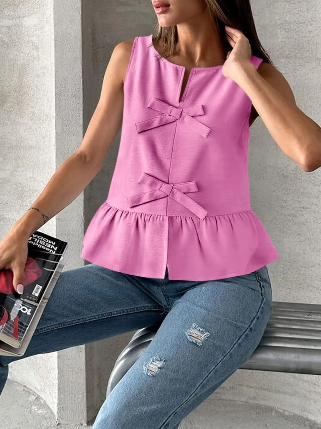 Tankaneo Womens Bow Peplum Tank Tops Summer Sleeveless Babydoll Cotton Blouses Loose Fit Flowy Casual Shirts