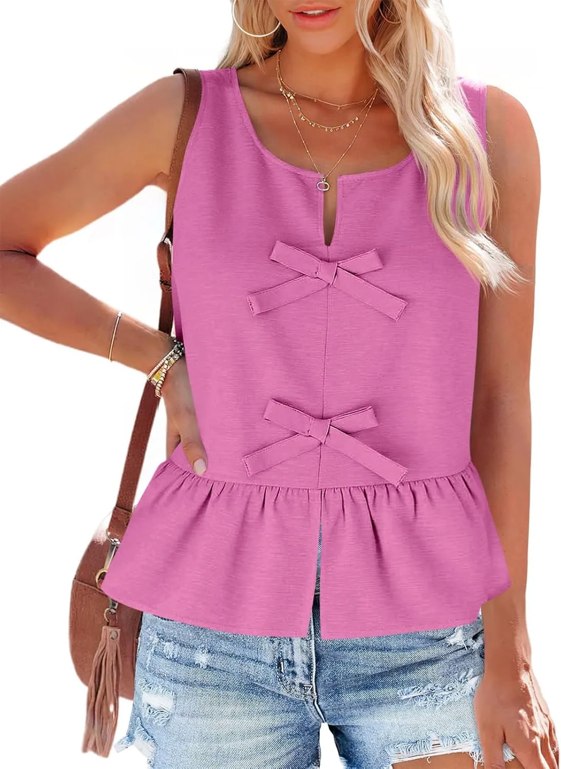 Tankaneo Womens Bow Peplum Tank Tops Summer Sleeveless Babydoll Cotton Blouses Loose Fit Flowy Casual Shirts
