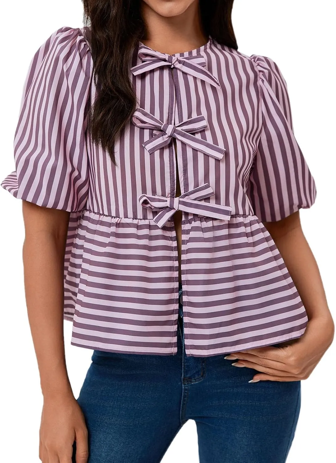 Tankaneo Womens Tie Front Tops Summer Peplum Babydoll Puff Short Sleeve Blouse Cute Cotton Shirts