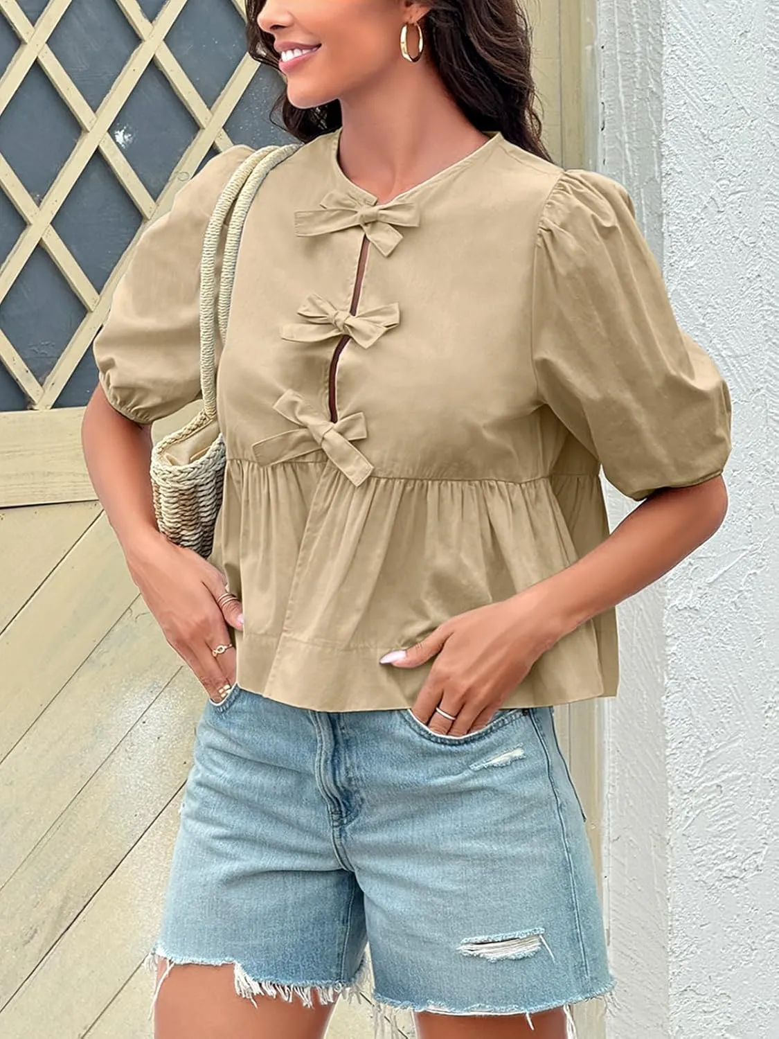 Tankaneo Womens Tie Front Tops Summer Peplum Babydoll Puff Short Sleeve Blouse Cute Cotton Shirts
