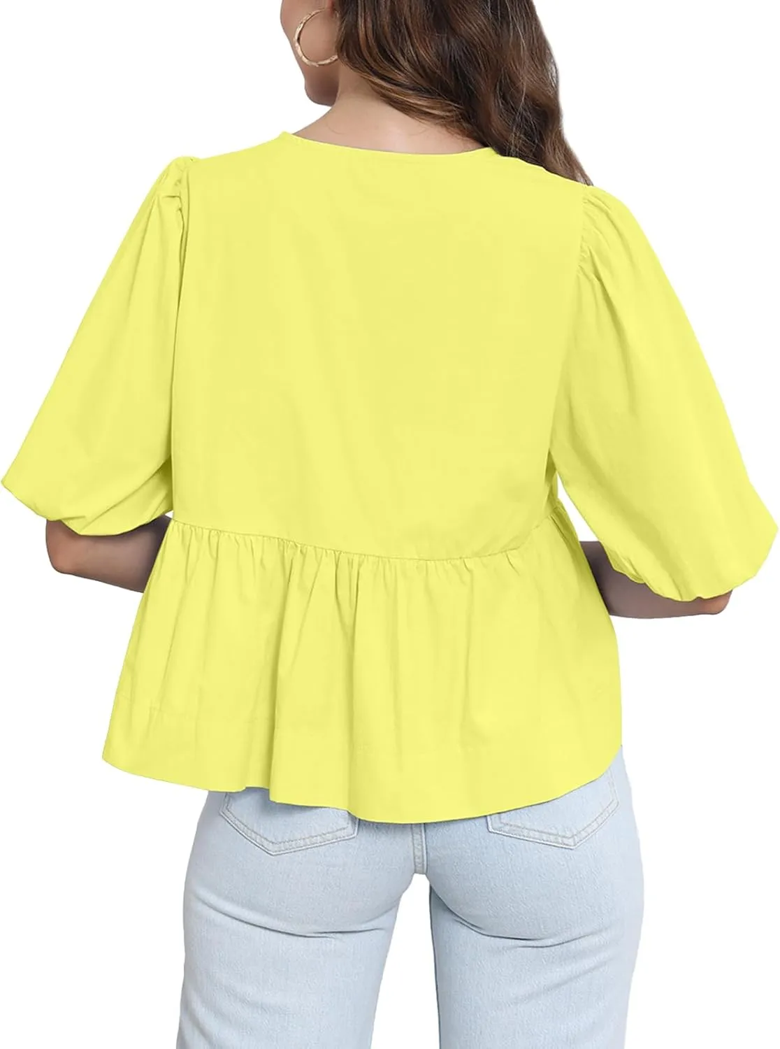 Tankaneo Womens Tie Front Tops Summer Peplum Babydoll Puff Short Sleeve Blouse Cute Cotton Shirts