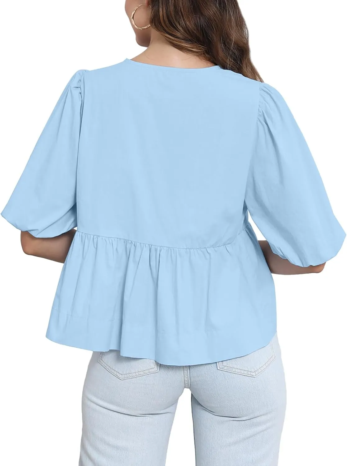 Tankaneo Womens Tie Front Tops Summer Peplum Babydoll Puff Short Sleeve Blouse Cute Cotton Shirts