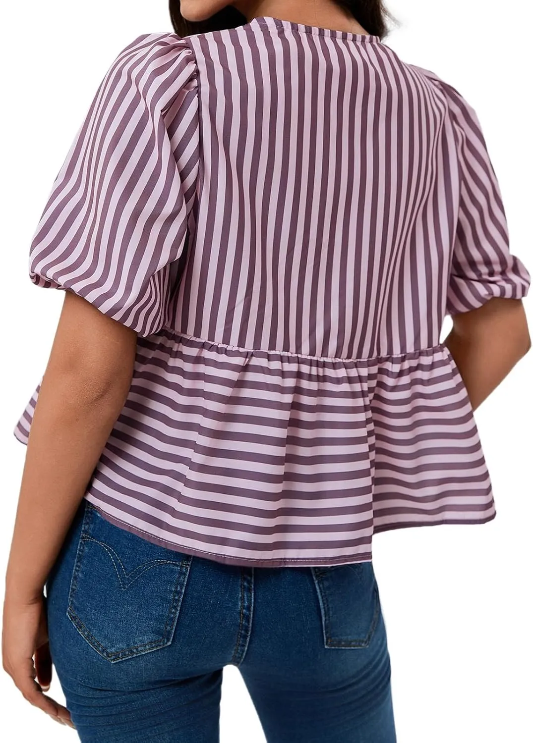 Tankaneo Womens Tie Front Tops Summer Peplum Babydoll Puff Short Sleeve Blouse Cute Cotton Shirts