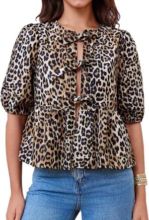 Tankaneo Womens Tie Front Tops Summer Peplum Babydoll Puff Short Sleeve Blouse Cute Cotton Shirts