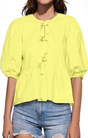 Tankaneo Womens Tie Front Tops Summer Peplum Babydoll Puff Short Sleeve Blouse Cute Cotton Shirts