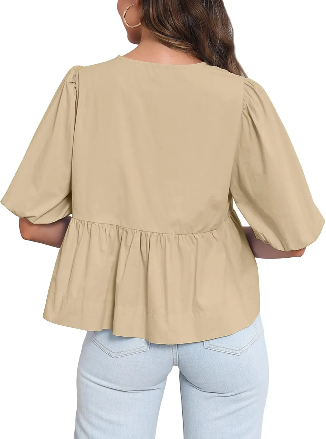 Tankaneo Womens Tie Front Tops Summer Peplum Babydoll Puff Short Sleeve Blouse Cute Cotton Shirts
