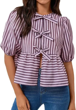 Tankaneo Womens Tie Front Tops Summer Peplum Babydoll Puff Short Sleeve Blouse Cute Cotton Shirts