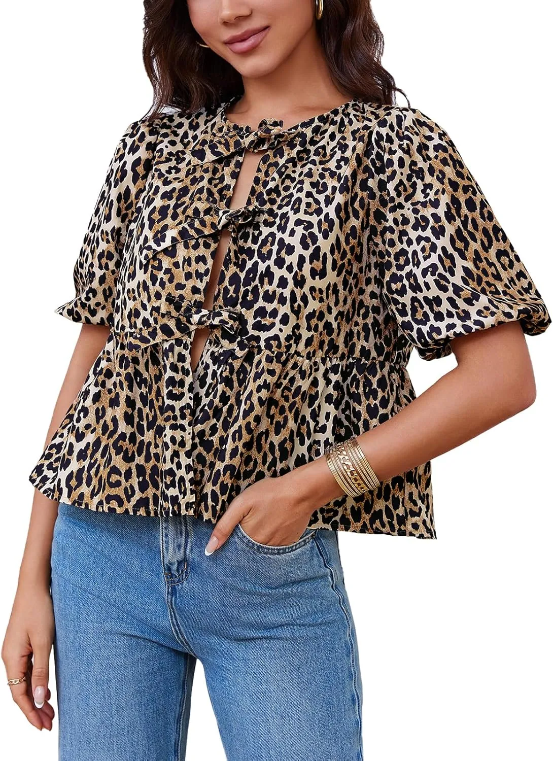 Tankaneo Womens Tie Front Tops Summer Peplum Babydoll Puff Short Sleeve Blouse Cute Cotton Shirts