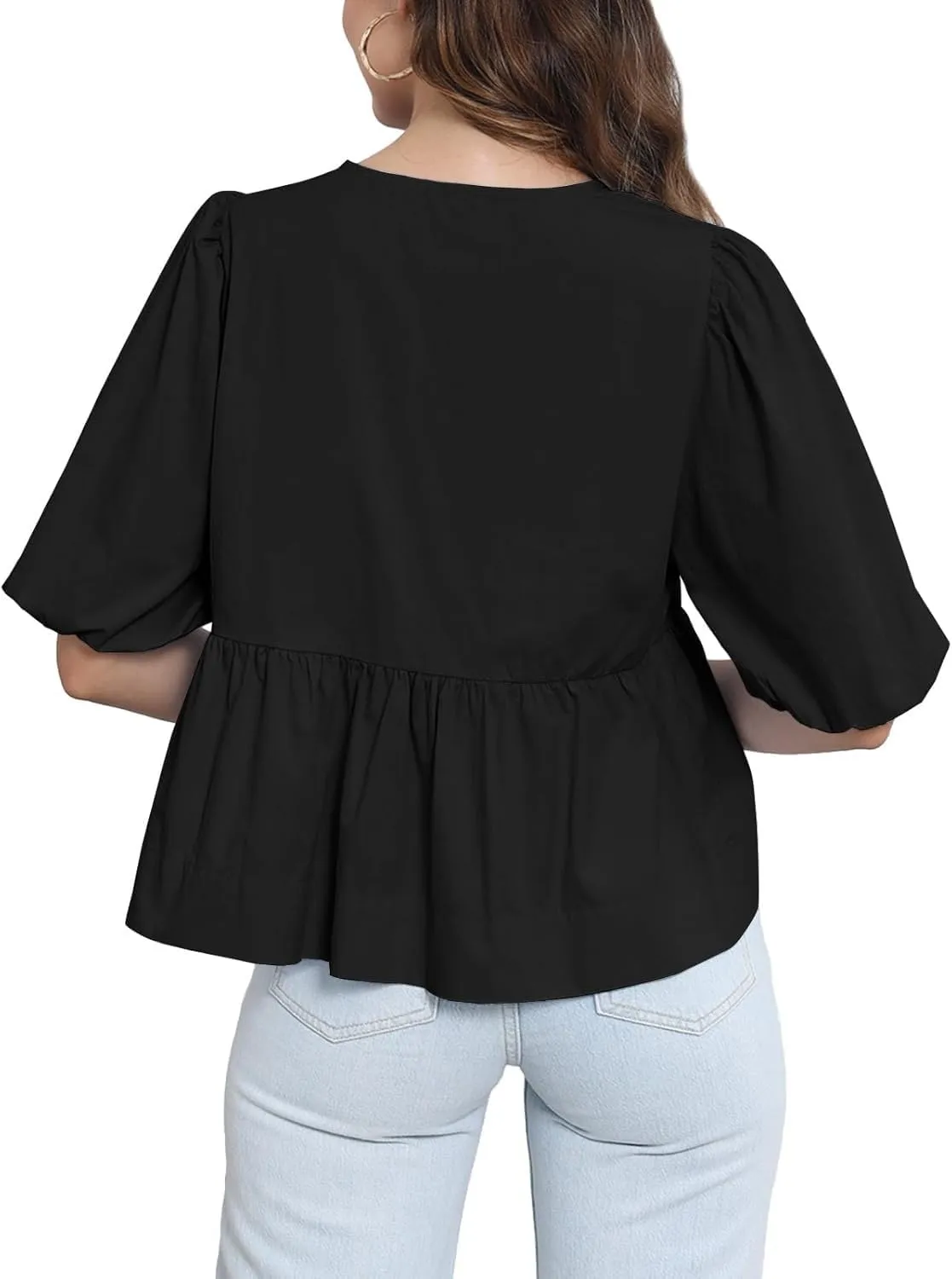 Tankaneo Womens Tie Front Tops Summer Peplum Babydoll Puff Short Sleeve Blouse Cute Cotton Shirts