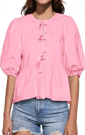 Tankaneo Womens Tie Front Tops Summer Peplum Babydoll Puff Short Sleeve Blouse Cute Cotton Shirts