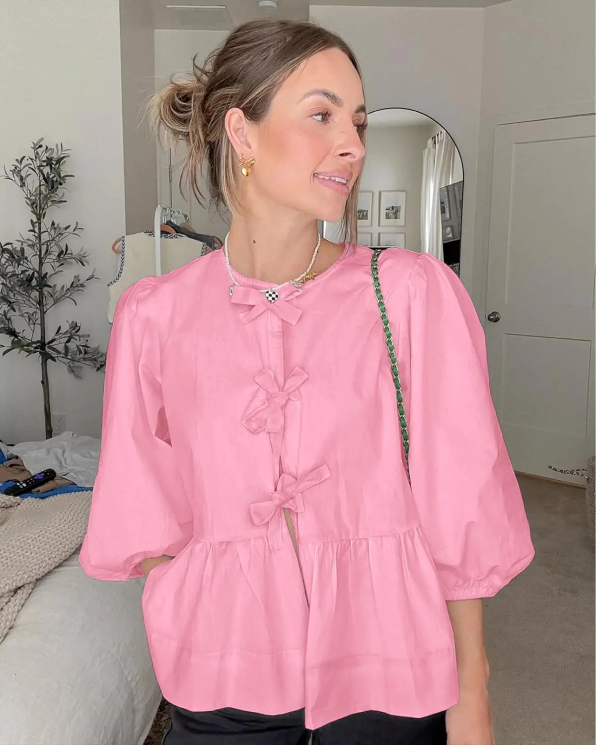 Tankaneo Womens Tie Front Tops Summer Peplum Babydoll Puff Short Sleeve Blouse Cute Cotton Shirts
