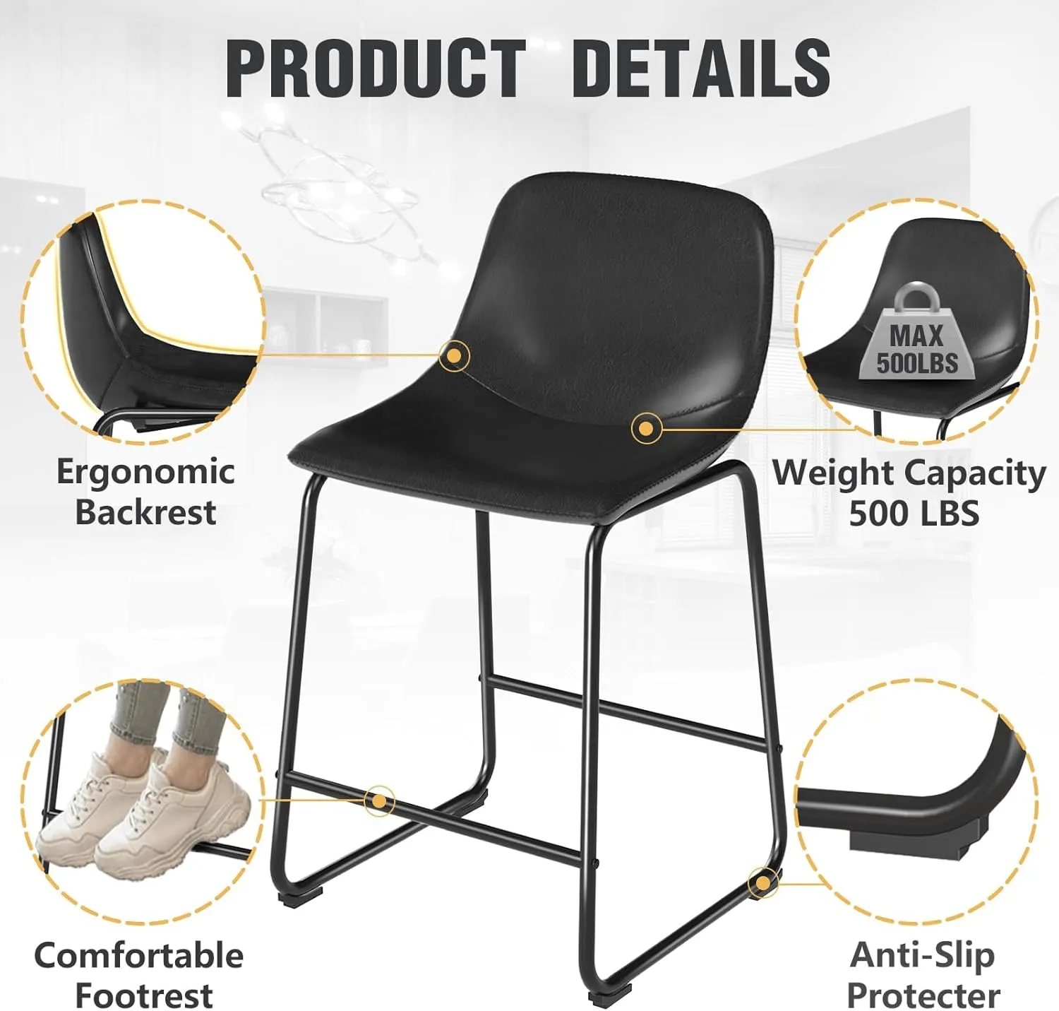 TAVR Furniture Counter Height Bar Chairs Set of 3, Black Modern Counter Stools with Back & Metal Legs, Armless Dining Chairs for Kitchen Island Coffee Shop