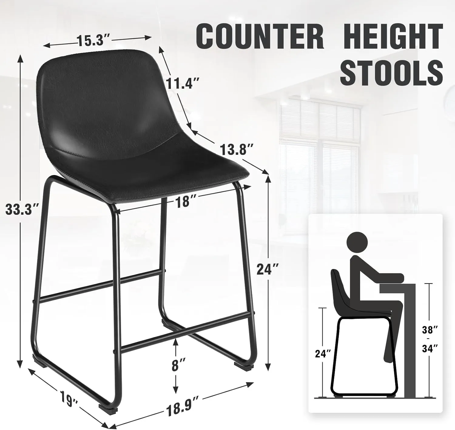 TAVR Furniture Counter Height Bar Chairs Set of 3, Black Modern Counter Stools with Back & Metal Legs, Armless Dining Chairs for Kitchen Island Coffee Shop