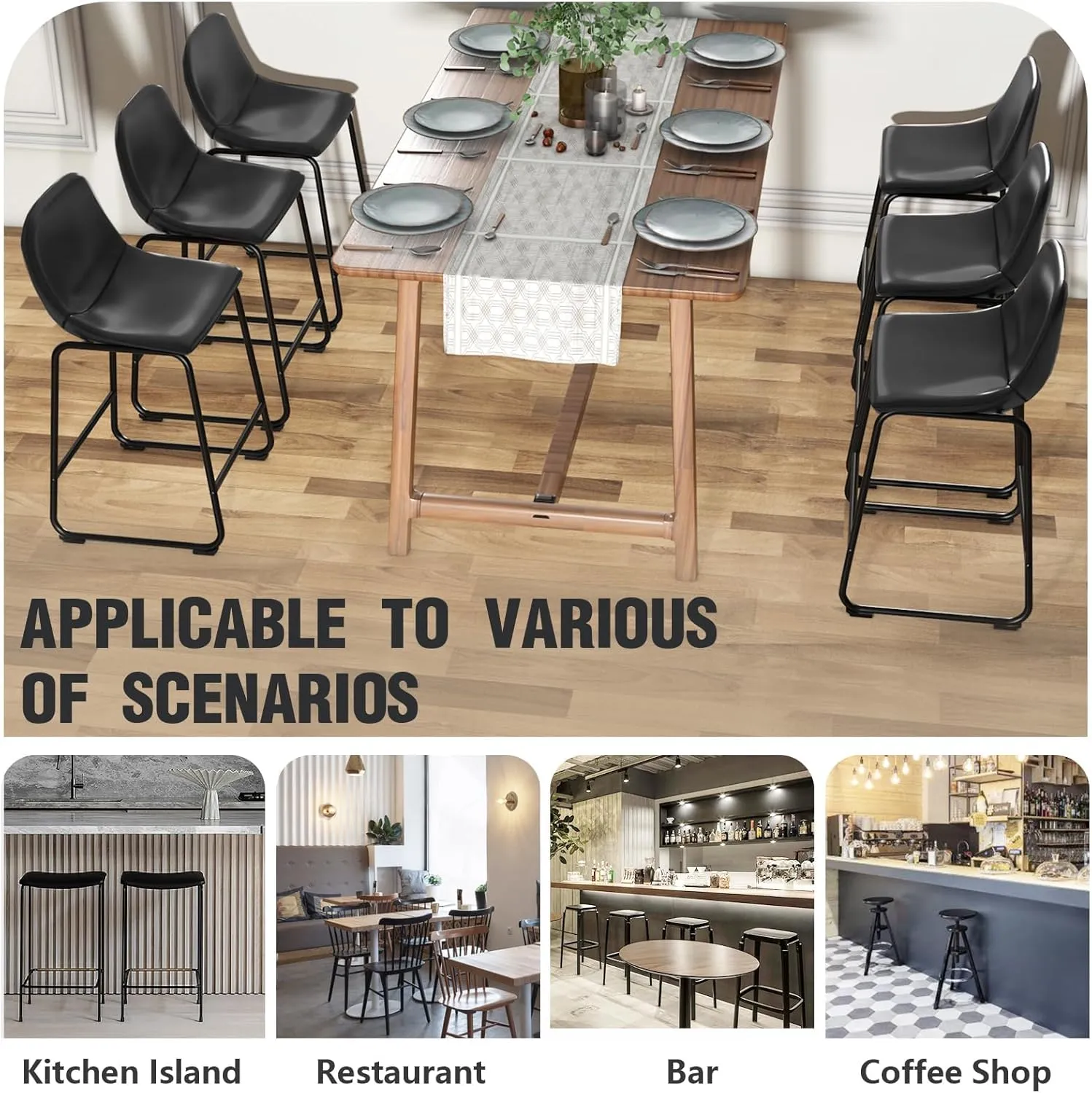 TAVR Furniture Counter Height Bar Chairs Set of 3, Black Modern Counter Stools with Back & Metal Legs, Armless Dining Chairs for Kitchen Island Coffee Shop