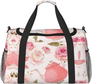 Tea Cups with Roses Romantic Shabby Print Everyday Use Travel Duffle Bag Large Capacity Travel Bag Stylish Functional Bag