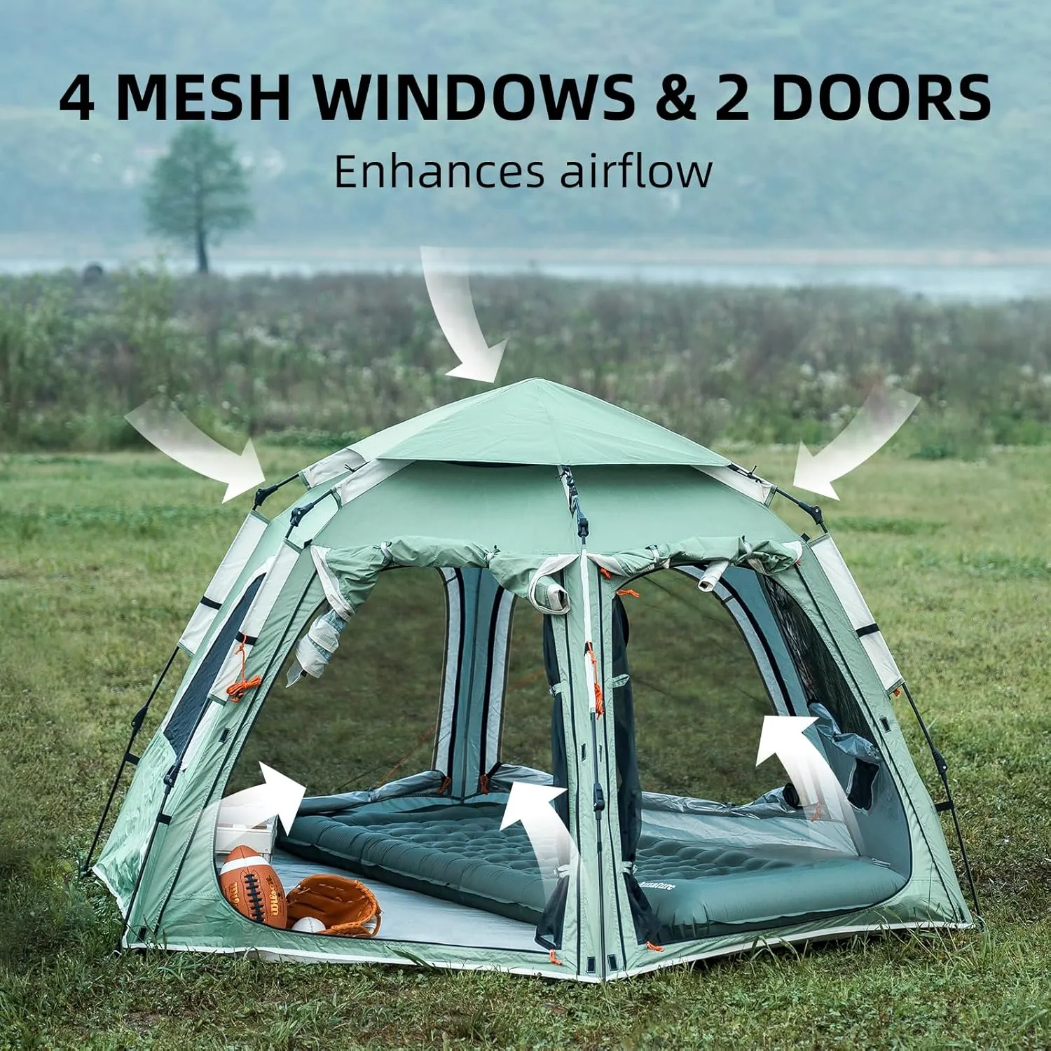 Tents for Camping 2 Person Waterproof Pop Up Camping Tent with Screen Porch 4 Ventilation Mesh Windows & 2 Doors Portable for Camping, Hiking, Beach, Backpacking, and Outdoors
