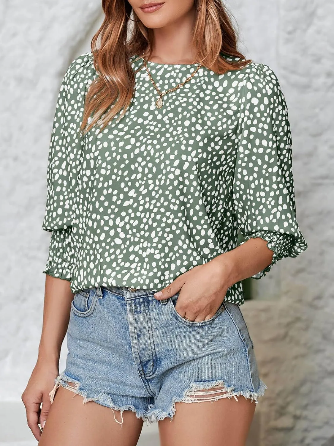 Teurkia Women's Polka Dot 3/4 Sleeve Blouse Tops Ladies Casual Office Work Crew Neck T-Shirt