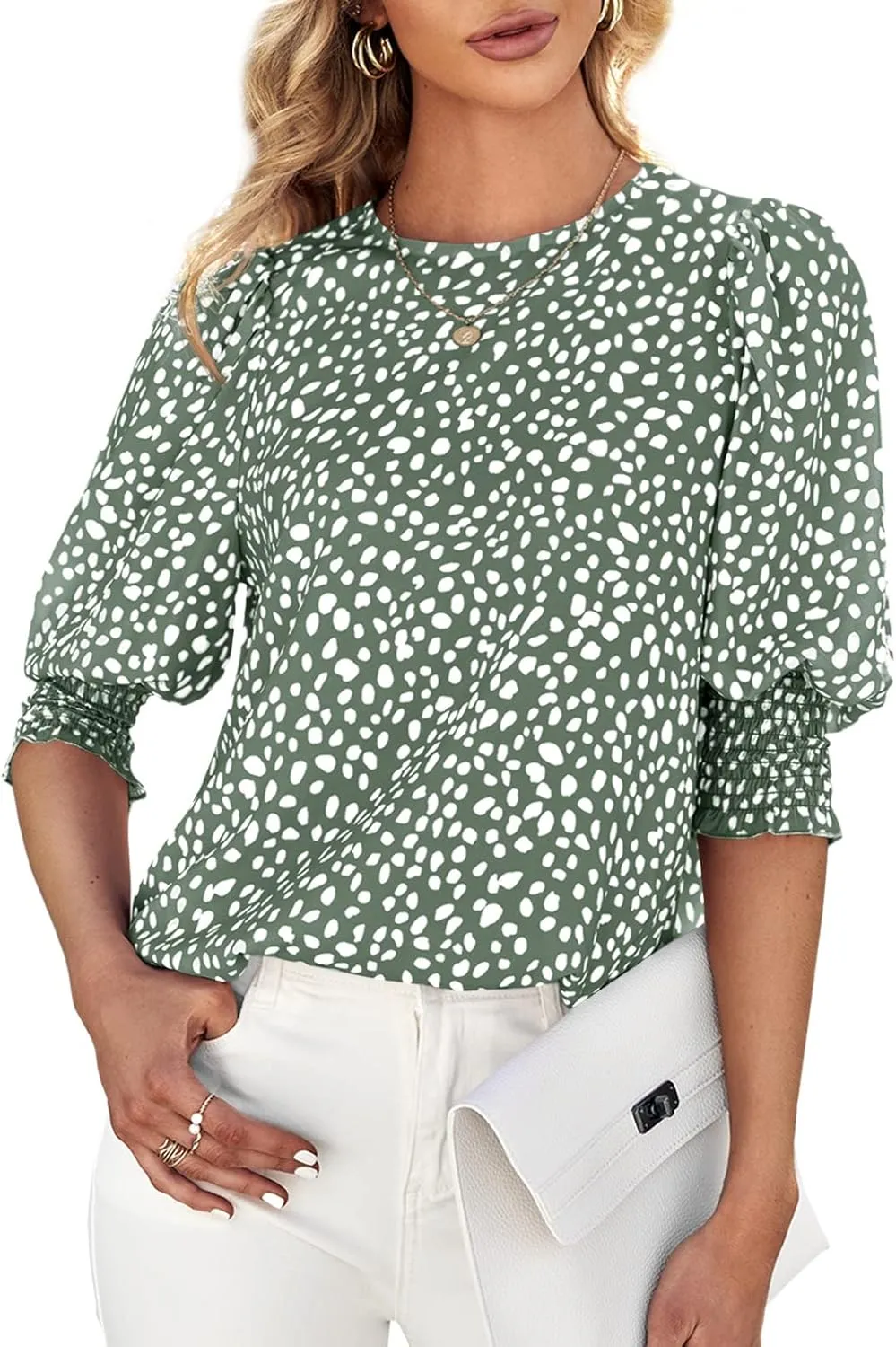 Teurkia Women's Polka Dot 3/4 Sleeve Blouse Tops Ladies Casual Office Work Crew Neck T-Shirt