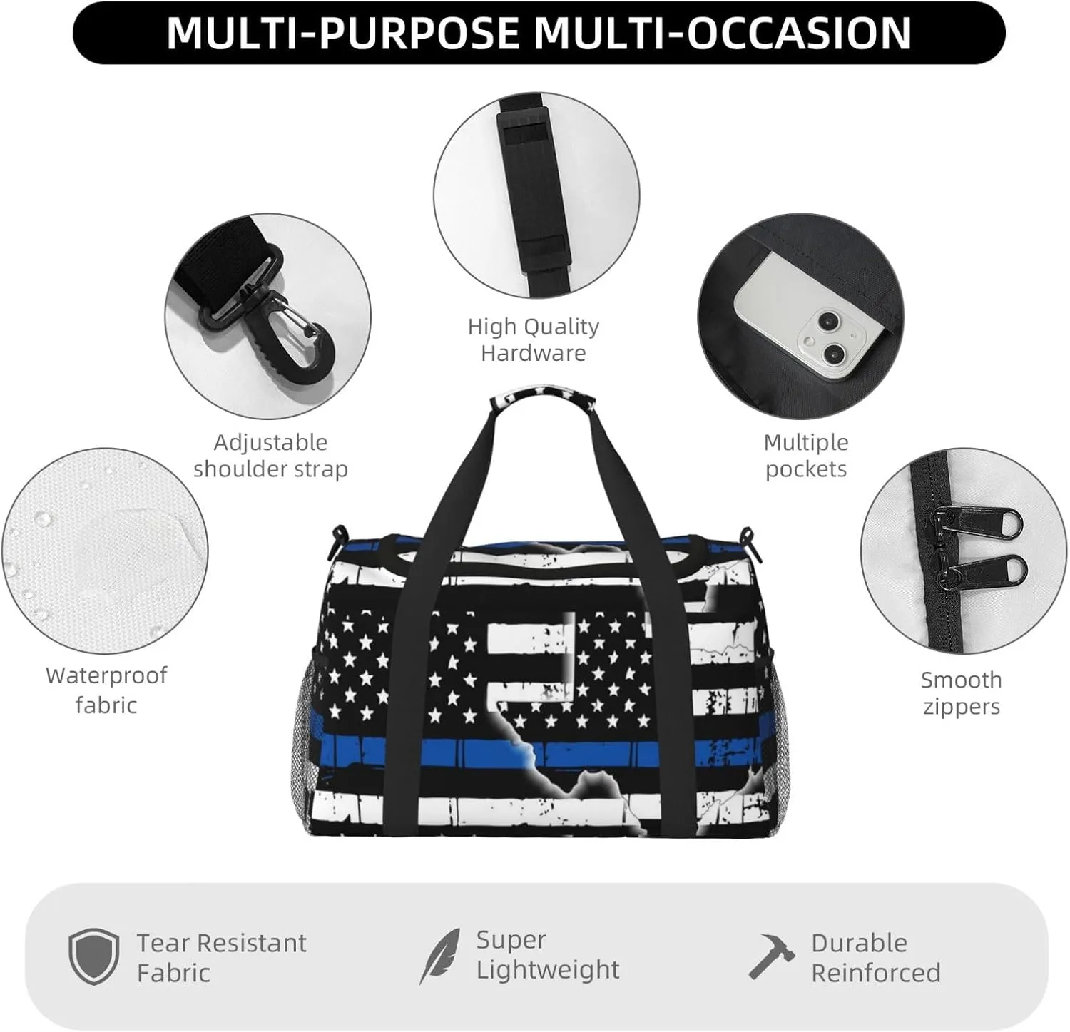 Texas Thin Blue Line Flag Travel Duffel Bag Large Foldable Waterproof Overnight Bag For Beach Swim Bags Pool Sports Gym