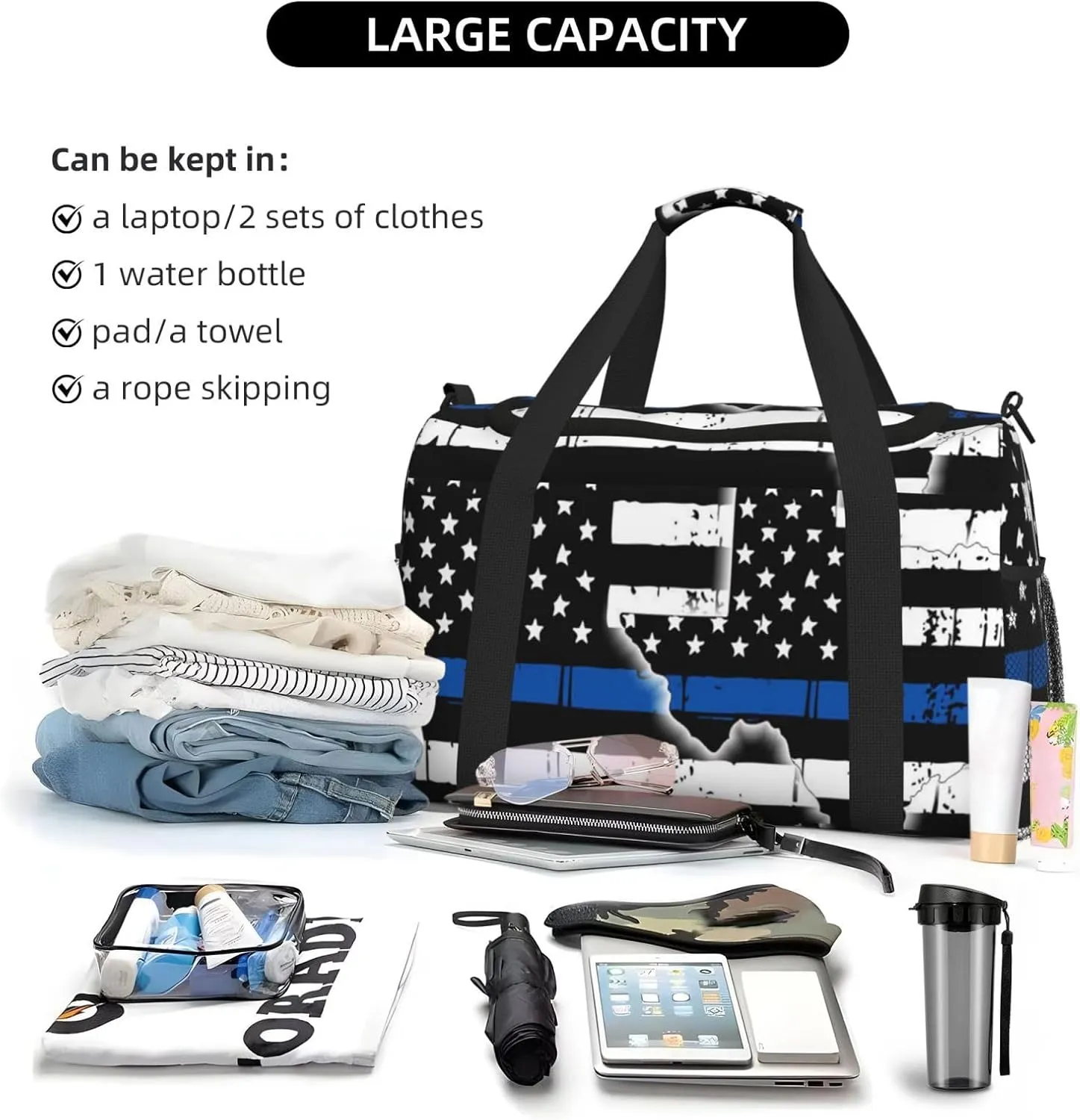 Texas Thin Blue Line Flag Travel Duffel Bag Large Foldable Waterproof Overnight Bag For Beach Swim Bags Pool Sports Gym
