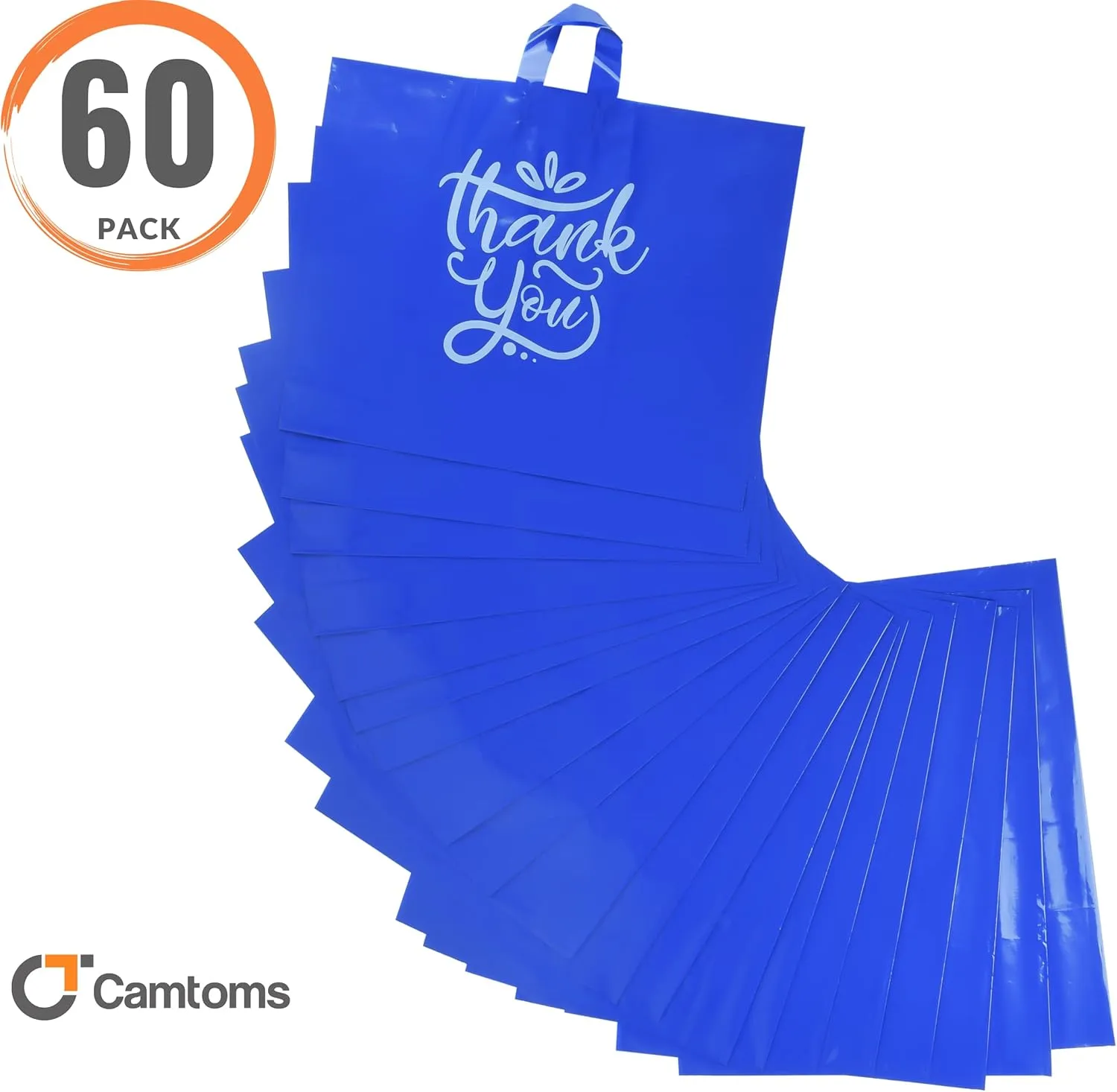 Thank You Bags | Blue 19" x 15"   2" Gusset Plastic Tote Bags | 60 Pack | Reusable, Extra Thick 3 Mil | Perfect for Small Businesses & Customers
