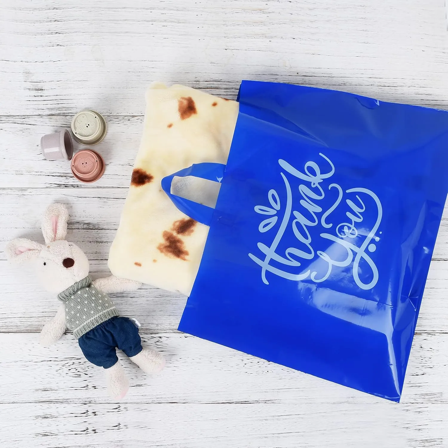 Thank You Bags | Blue 19" x 15"   2" Gusset Plastic Tote Bags | 60 Pack | Reusable, Extra Thick 3 Mil | Perfect for Small Businesses & Customers
