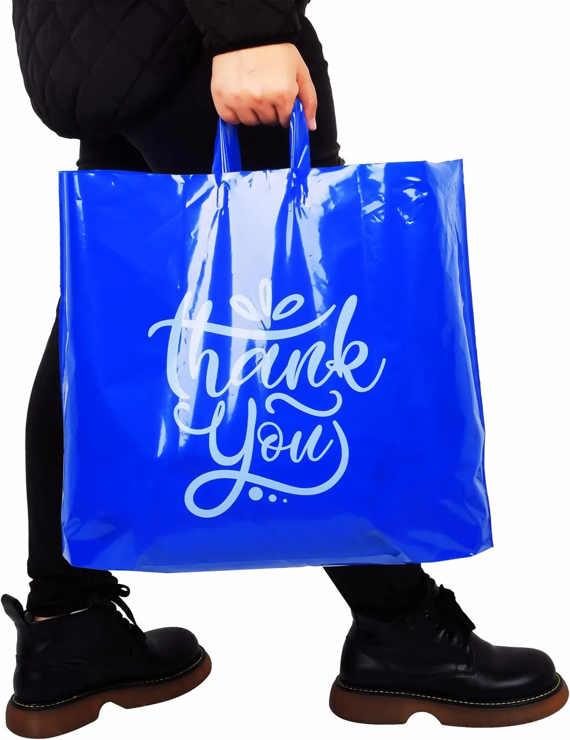Thank You Bags | Blue 19" x 15"   2" Gusset Plastic Tote Bags | 60 Pack | Reusable, Extra Thick 3 Mil | Perfect for Small Businesses & Customers
