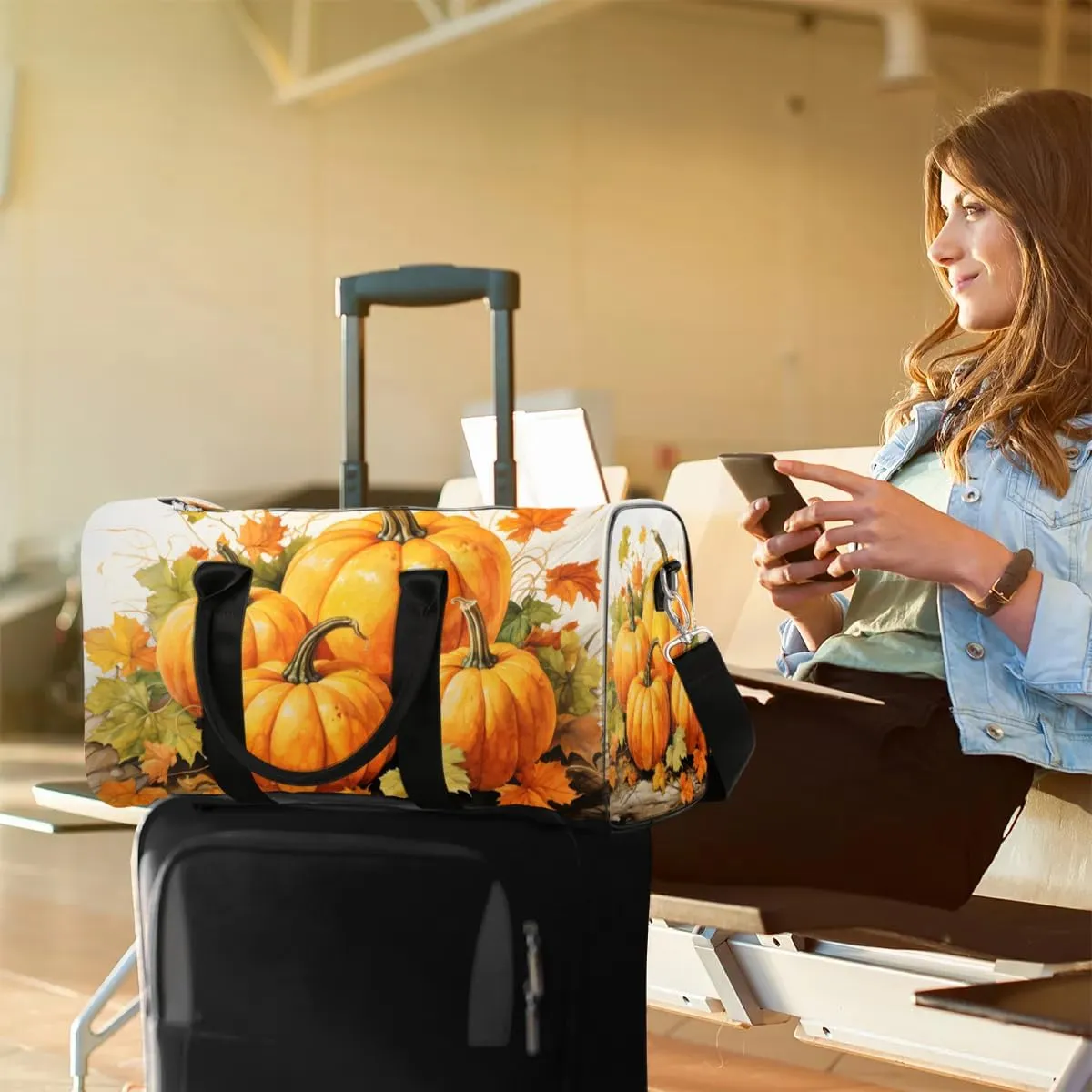 Thanksgiving Pumpkins Fall Travel Duffel Bag for Women Men Waterproof Foldable Overnight Weekender Bag Large Capacity Sports Gym Bag