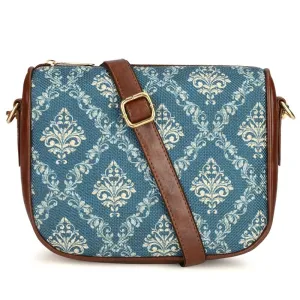 THE CLOWNFISH Garnet Series Printed Handicraft Fabric & Tapestry Crossbody Sling Bag for Women Ladies Single Shoulder Bag Shoulder Belt (Denim Blue)