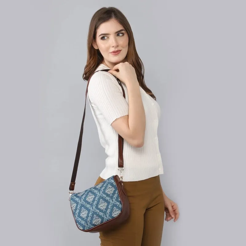 THE CLOWNFISH Garnet Series Printed Handicraft Fabric & Tapestry Crossbody Sling Bag for Women Ladies Single Shoulder Bag Shoulder Belt (Denim Blue)