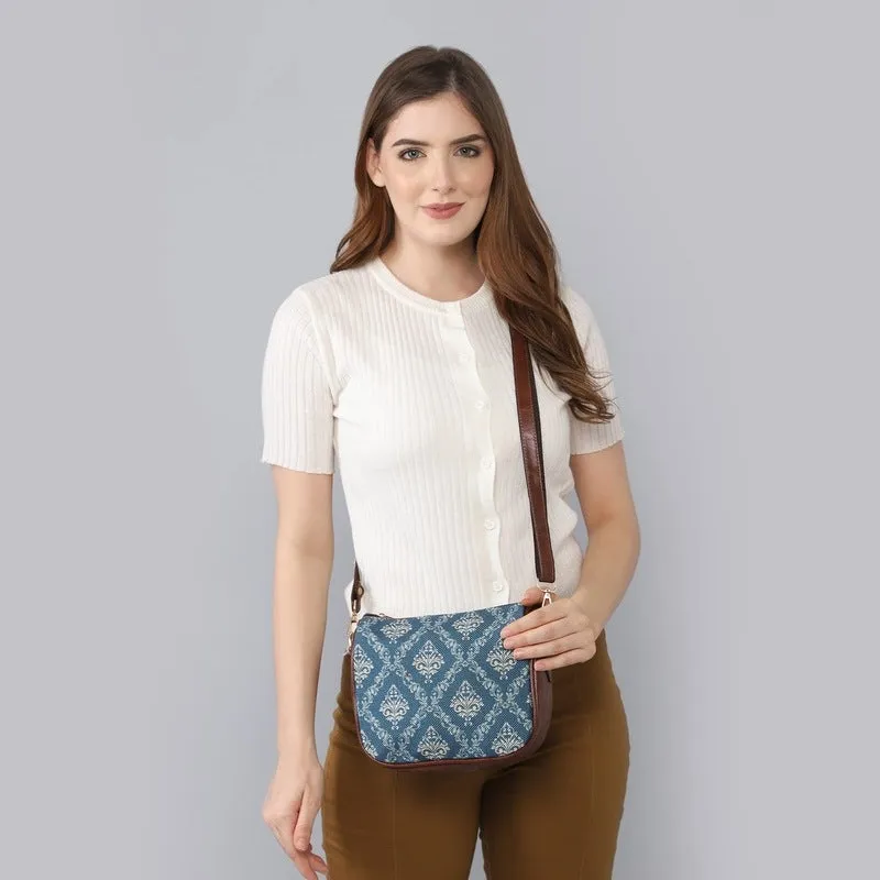 THE CLOWNFISH Garnet Series Printed Handicraft Fabric & Tapestry Crossbody Sling Bag for Women Ladies Single Shoulder Bag Shoulder Belt (Denim Blue)