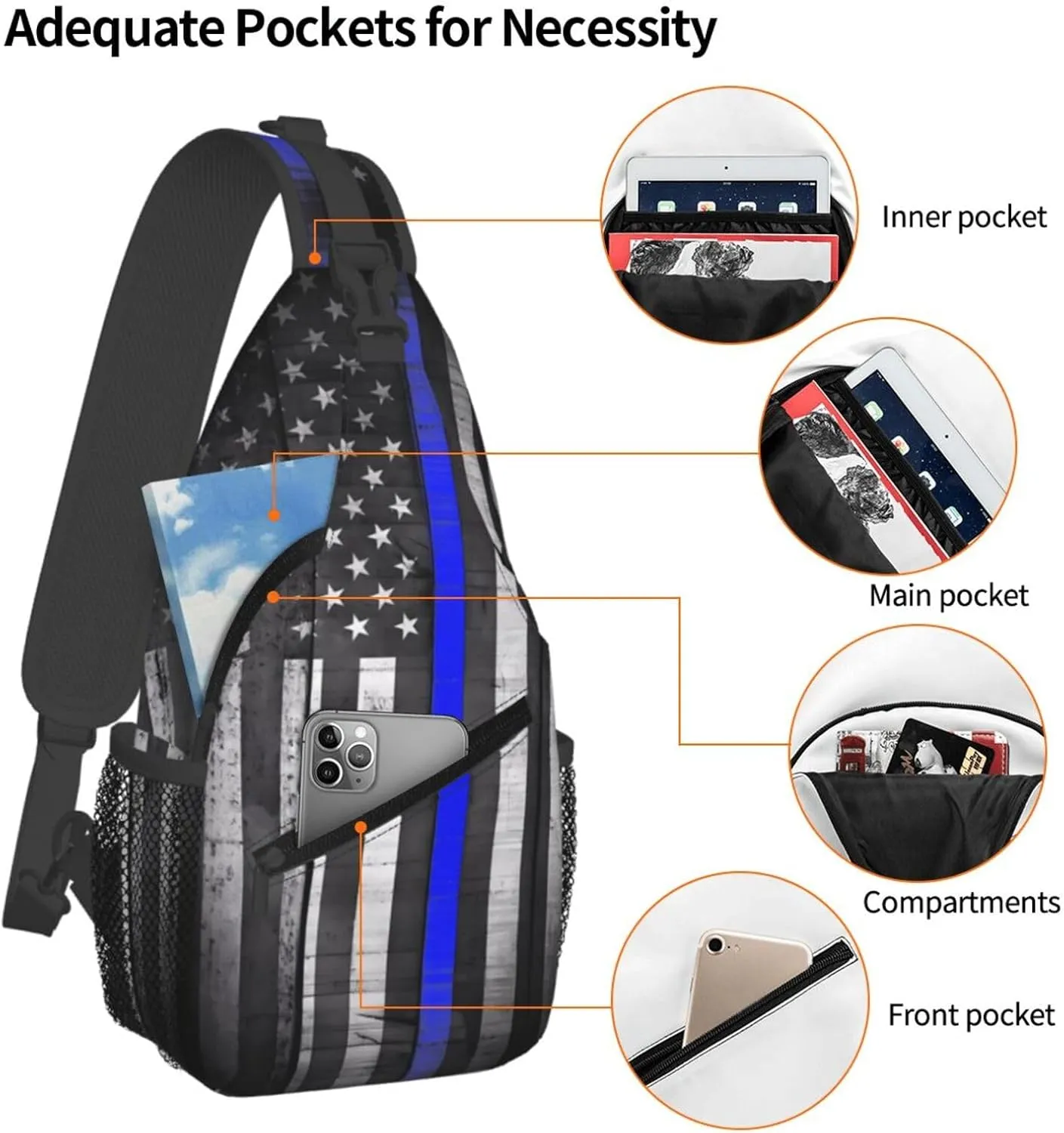 Thin Blue Line Black White American Flag Crossbody Sling Bag Chest Bags Casual Shoulder Backpack Sport Fanny Pack Gym Diagonally Daypack with Adjustable Strap for Running