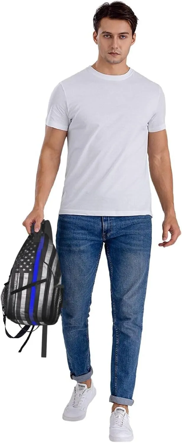 Thin Blue Line Black White American Flag Crossbody Sling Bag Chest Bags Casual Shoulder Backpack Sport Fanny Pack Gym Diagonally Daypack with Adjustable Strap for Running