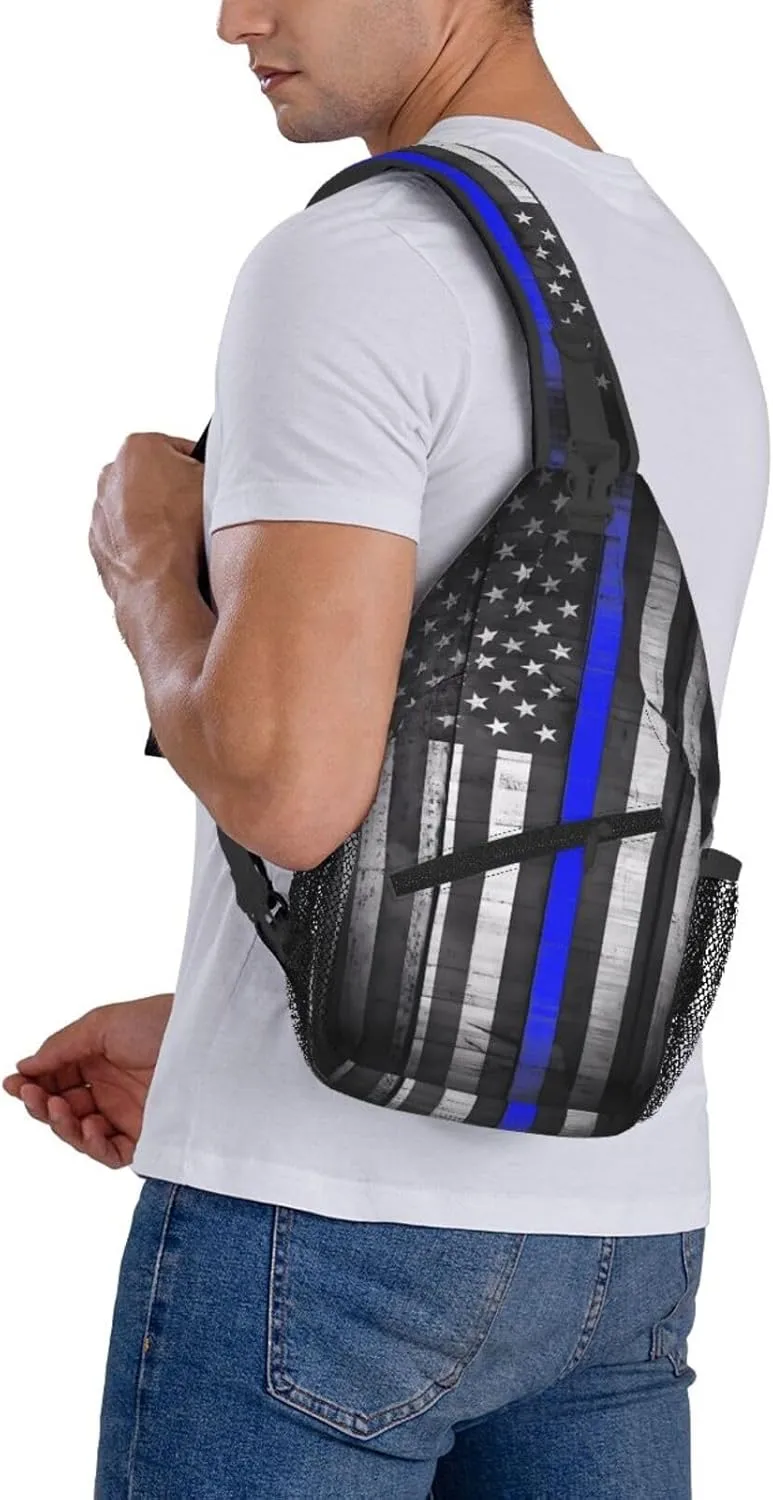 Thin Blue Line Black White American Flag Crossbody Sling Bag Chest Bags Casual Shoulder Backpack Sport Fanny Pack Gym Diagonally Daypack with Adjustable Strap for Running