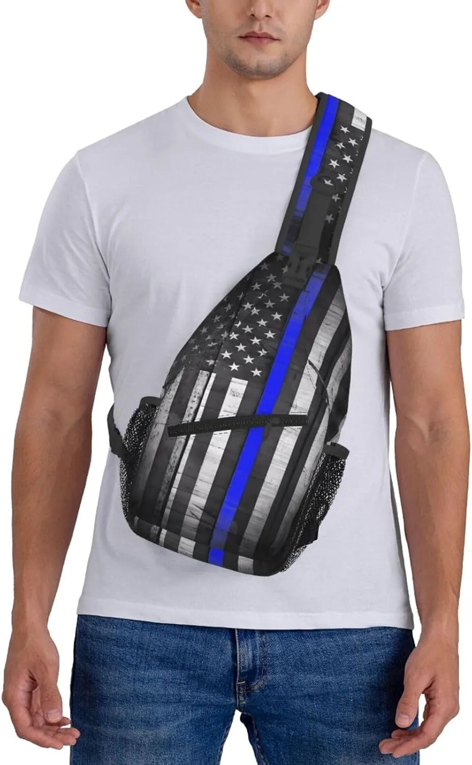Thin Blue Line Black White American Flag Crossbody Sling Bag Chest Bags Casual Shoulder Backpack Sport Fanny Pack Gym Diagonally Daypack with Adjustable Strap for Running